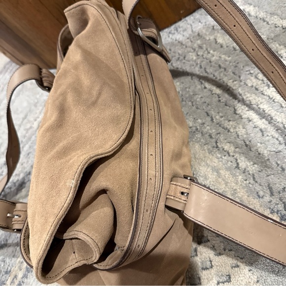 Longaberger Fold Over Hobo Handbag Purse Suede Leather Taupe Sisters P - Picture 6 of 12